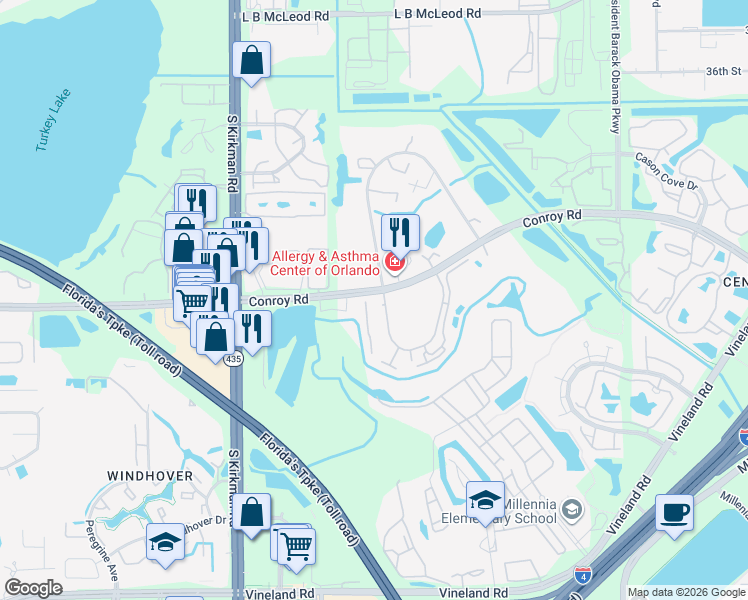 map of restaurants, bars, coffee shops, grocery stores, and more near 5315 Jasmine Creek Lane in Orlando
