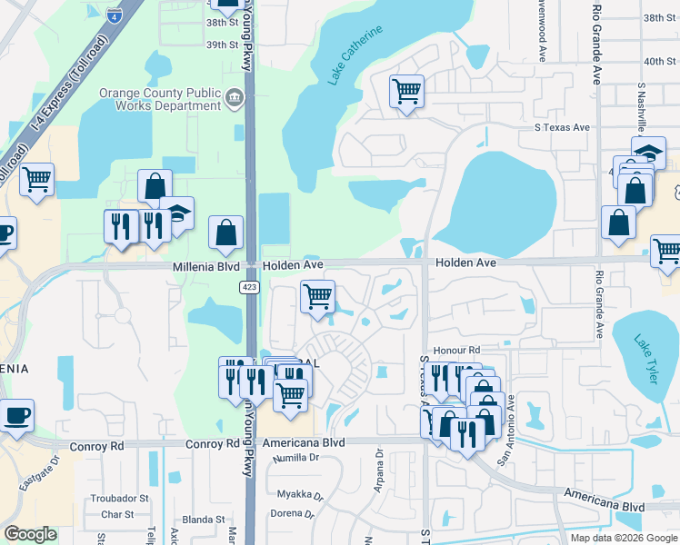 map of restaurants, bars, coffee shops, grocery stores, and more near 5029 City Street in Orlando
