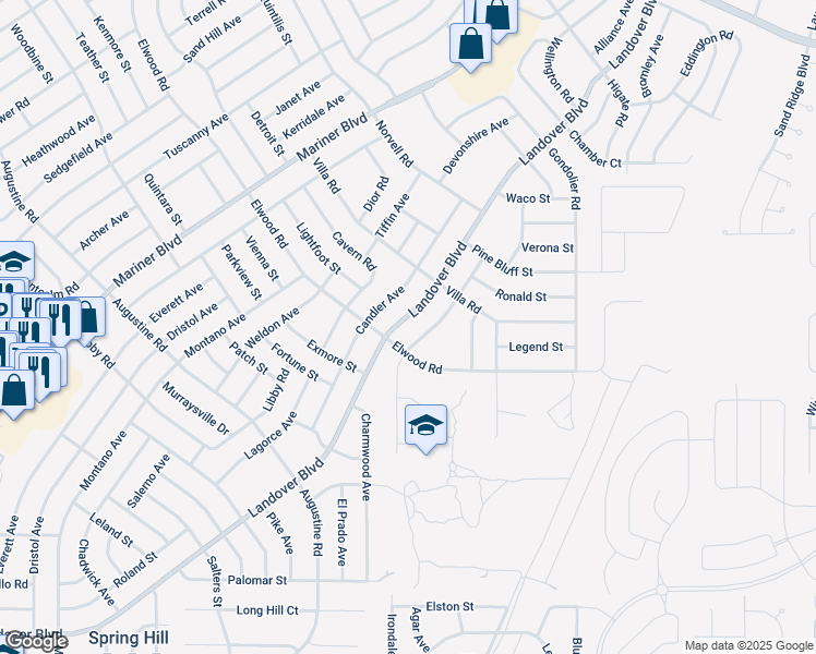 map of restaurants, bars, coffee shops, grocery stores, and more near 4235 Castle Avenue in Spring Hill
