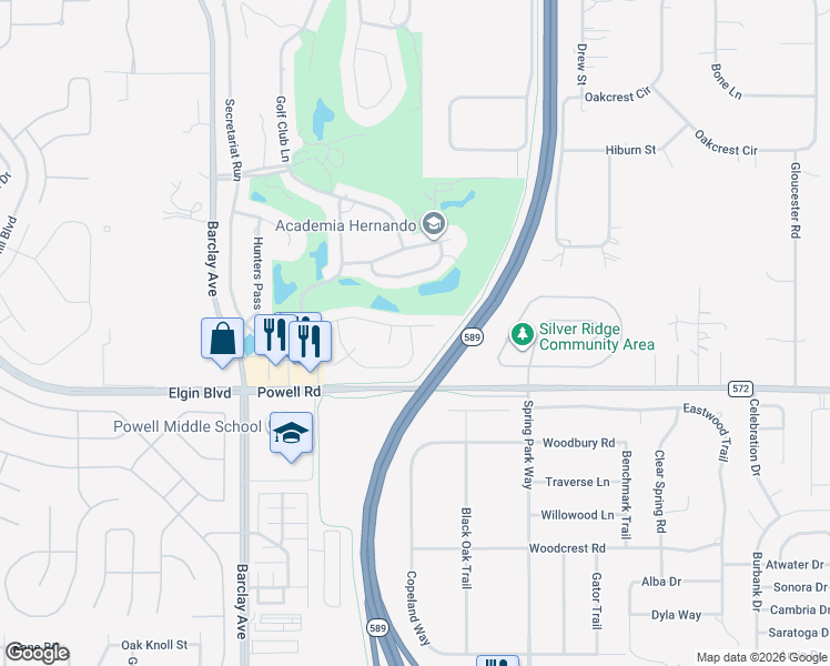 map of restaurants, bars, coffee shops, grocery stores, and more near 15010 Sterling Run in Brooksville