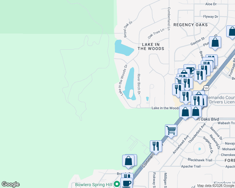 map of restaurants, bars, coffee shops, grocery stores, and more near 4461 Lake in the Woods Drive in Spring Hill