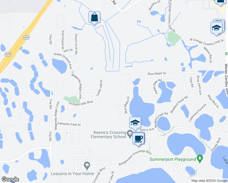 map of restaurants, bars, coffee shops, grocery stores, and more near 14473 Yellow Butterfly Road in Windermere