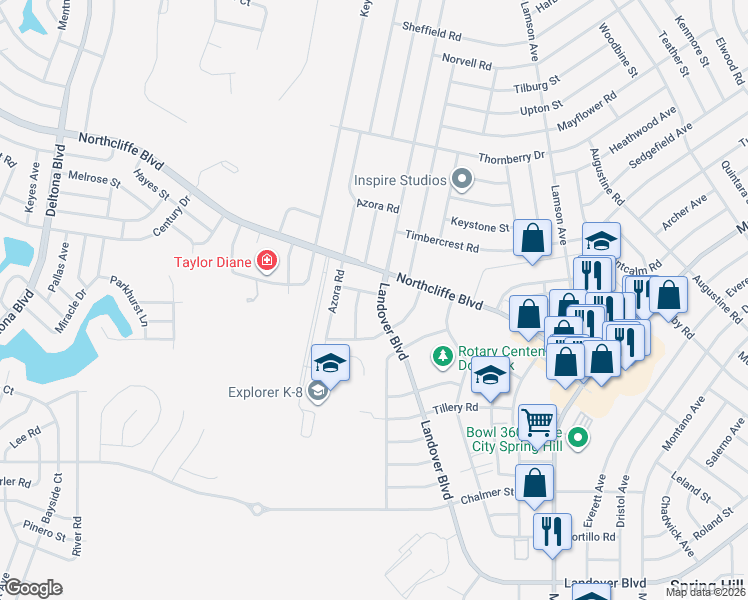 map of restaurants, bars, coffee shops, grocery stores, and more near 2598 Landover Boulevard in Spring Hill