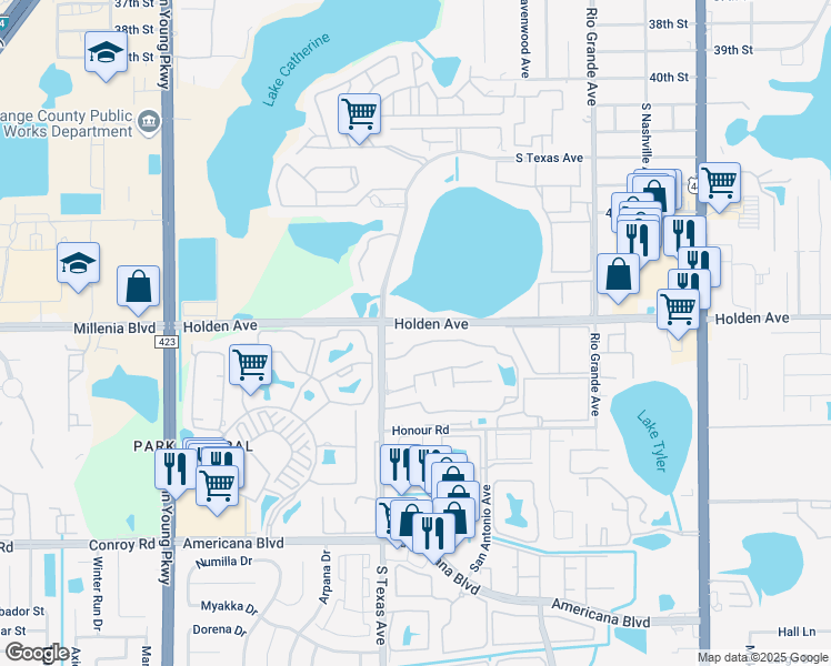 map of restaurants, bars, coffee shops, grocery stores, and more near 1900 Holden Avenue in Orlando