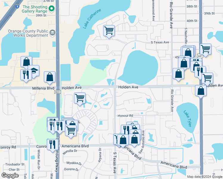 map of restaurants, bars, coffee shops, grocery stores, and more near 5065 Park Central Drive in Orlando