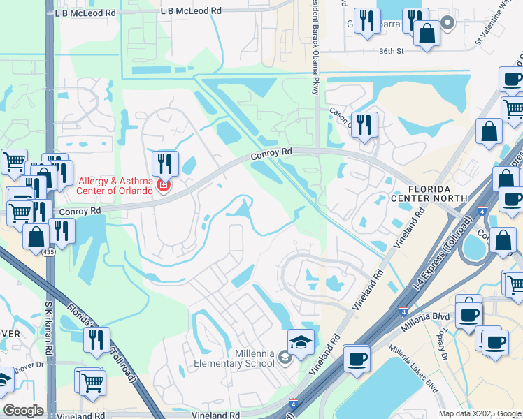 map of restaurants, bars, coffee shops, grocery stores, and more near 5132 Conroy Road in Orlando
