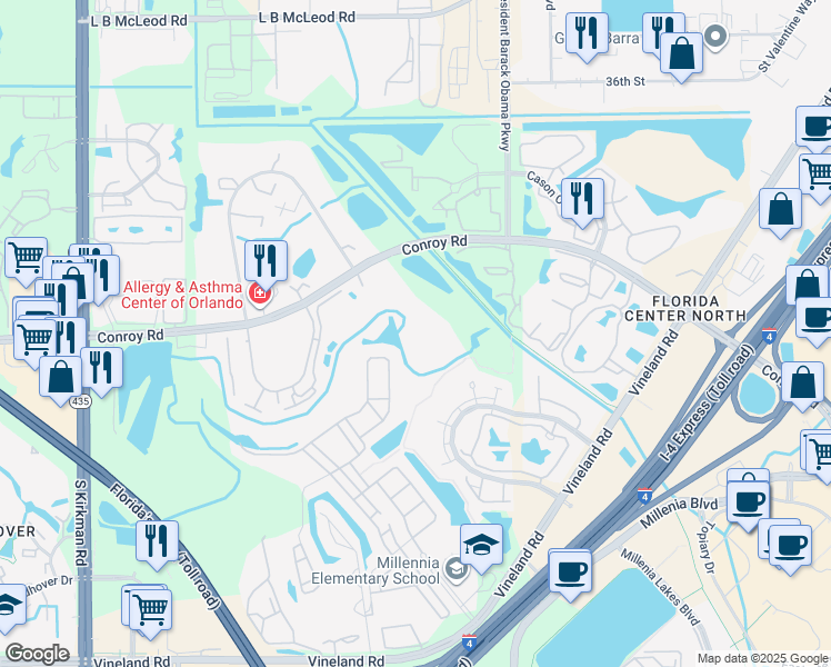 map of restaurants, bars, coffee shops, grocery stores, and more near 5132 Conroy Road in Orlando