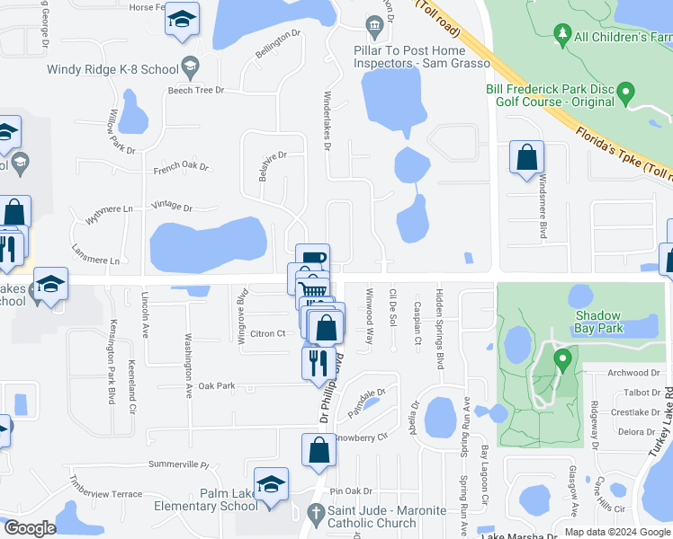 map of restaurants, bars, coffee shops, grocery stores, and more near 4401 Winderwood Circle in Orlando