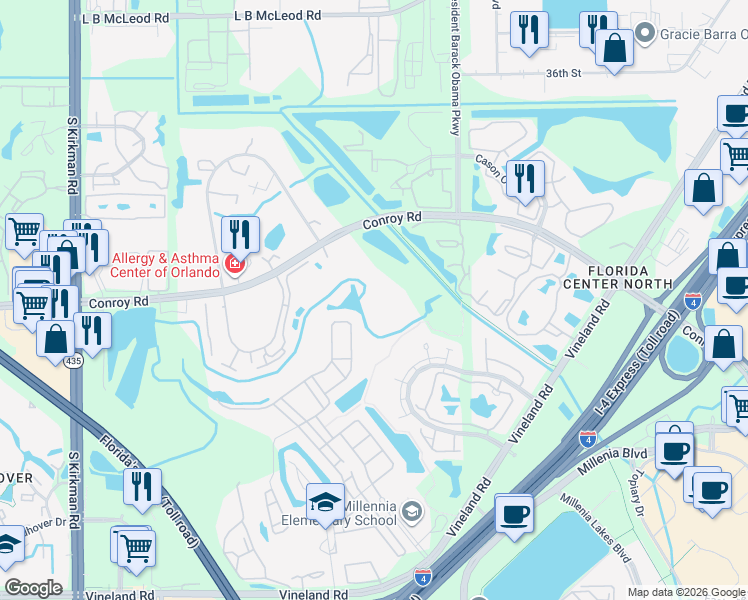 map of restaurants, bars, coffee shops, grocery stores, and more near 5132 Conroy Road in Orlando