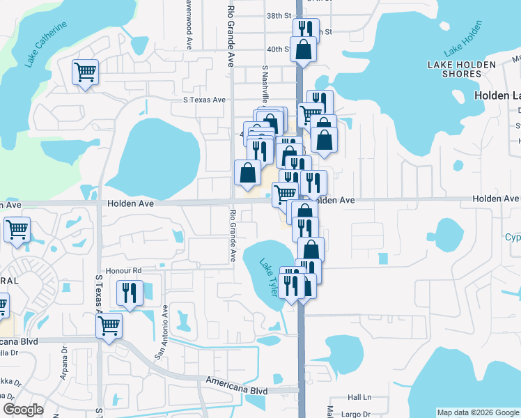 map of restaurants, bars, coffee shops, grocery stores, and more near 1350 Holden Avenue in Orlando