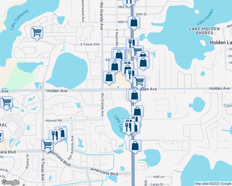 map of restaurants, bars, coffee shops, grocery stores, and more near 1350 Holden Avenue in Orlando