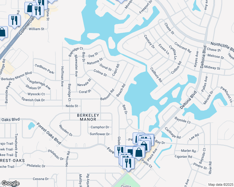 map of restaurants, bars, coffee shops, grocery stores, and more near 8525 Beach Road in Spring Hill