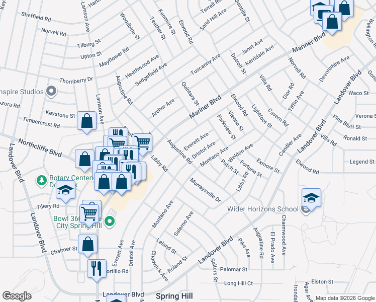 map of restaurants, bars, coffee shops, grocery stores, and more near 4284 Everett Avenue in Spring Hill