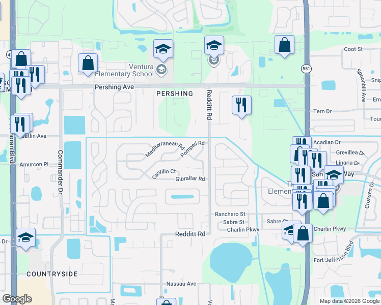 map of restaurants, bars, coffee shops, grocery stores, and more near 6964 Mediterranean Road in Orlando