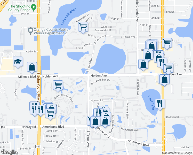 map of restaurants, bars, coffee shops, grocery stores, and more near 1900 Holden Avenue in Orlando