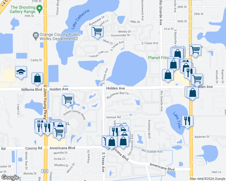 map of restaurants, bars, coffee shops, grocery stores, and more near 1900 Holden Avenue in Orlando