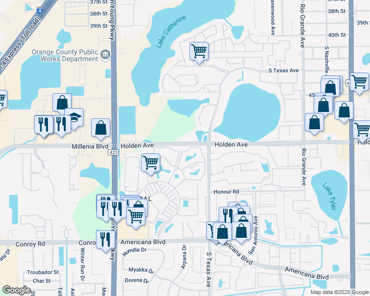 map of restaurants, bars, coffee shops, grocery stores, and more near 5041 Park Central Drive in Orlando