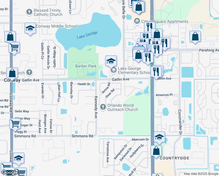 map of restaurants, bars, coffee shops, grocery stores, and more near 4717 Arrow Road in Orlando
