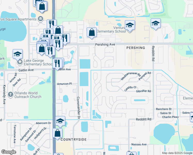 map of restaurants, bars, coffee shops, grocery stores, and more near 2814 Silver Spur Lane in Orlando