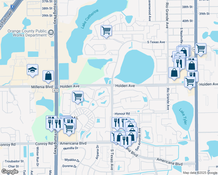 map of restaurants, bars, coffee shops, grocery stores, and more near 5065 Park Central Drive in Orlando
