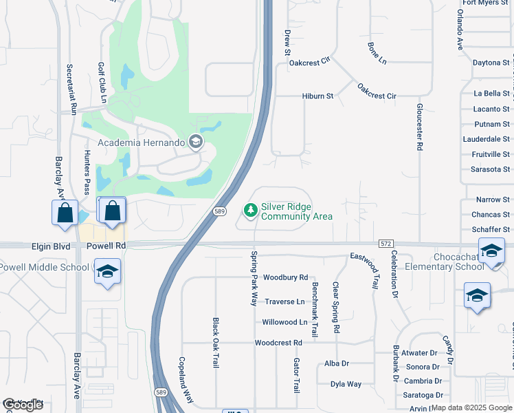 map of restaurants, bars, coffee shops, grocery stores, and more near 15394 Copper Loop in Brooksville