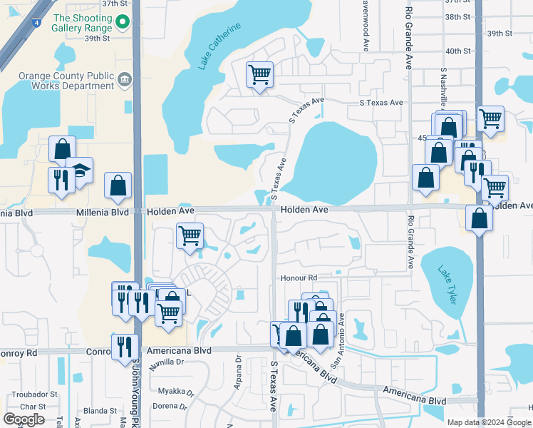 map of restaurants, bars, coffee shops, grocery stores, and more near 5065 Park Central Drive in Orlando