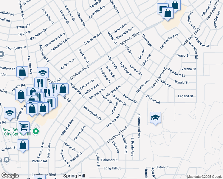 map of restaurants, bars, coffee shops, grocery stores, and more near 4221 Weldon Avenue in Spring Hill