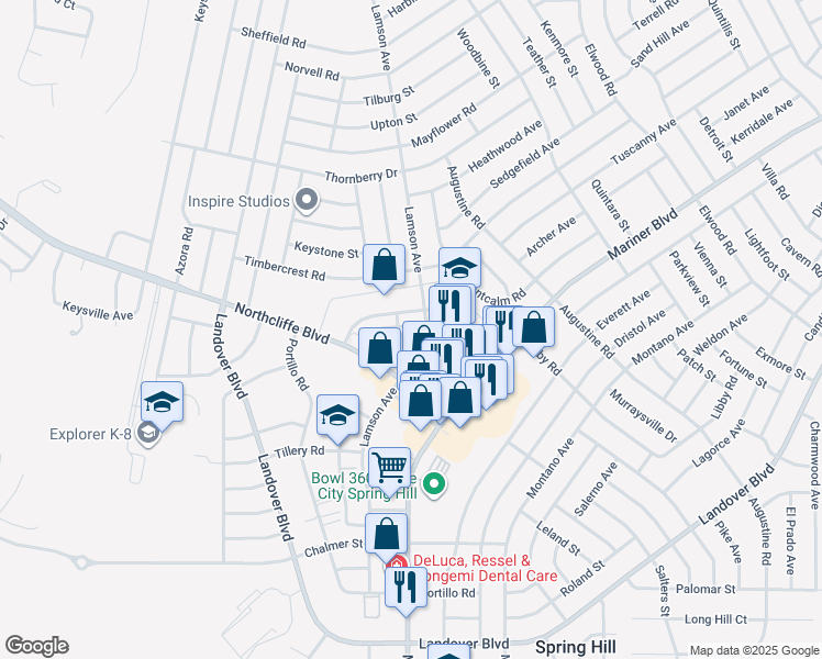 map of restaurants, bars, coffee shops, grocery stores, and more near 10993 Ridgeline Lane in Spring Hill