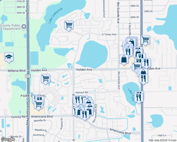 map of restaurants, bars, coffee shops, grocery stores, and more near 1850 Holden Avenue in Orlando