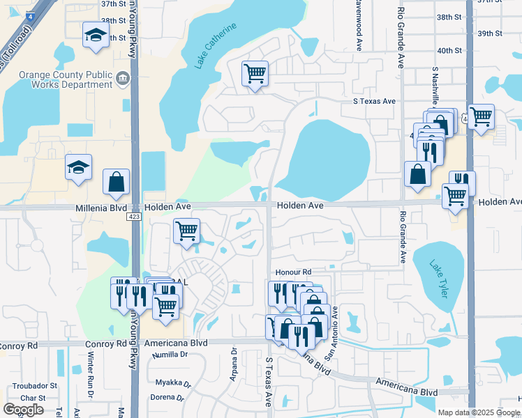 map of restaurants, bars, coffee shops, grocery stores, and more near 5065 Park Central Drive in Orlando