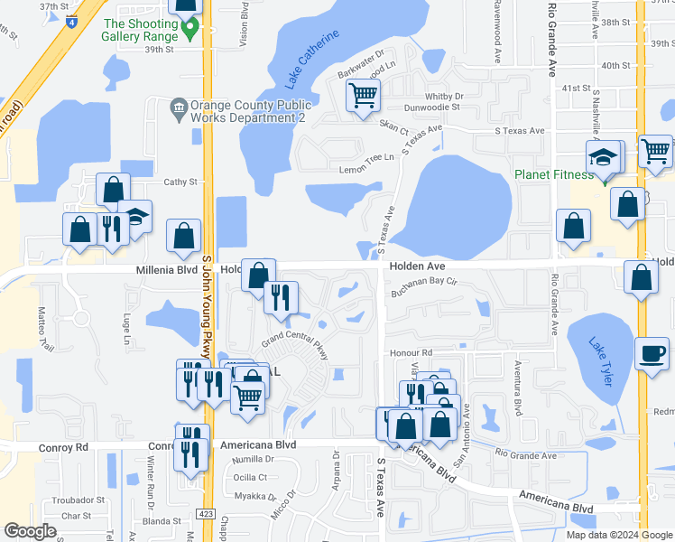 map of restaurants, bars, coffee shops, grocery stores, and more near 5041 Park Central Drive in Orlando