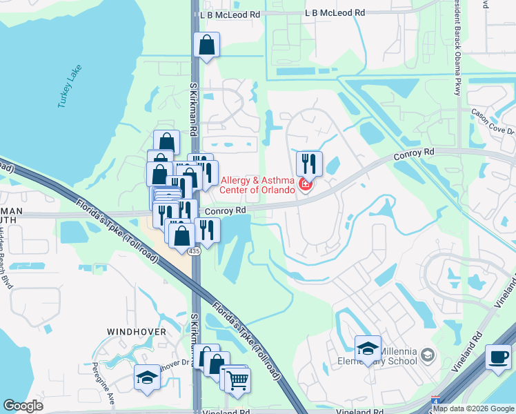 map of restaurants, bars, coffee shops, grocery stores, and more near 5403 Pine Creek Drive in Orlando