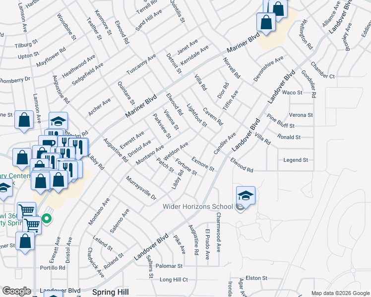 map of restaurants, bars, coffee shops, grocery stores, and more near 11465 Exmore Street in Spring Hill