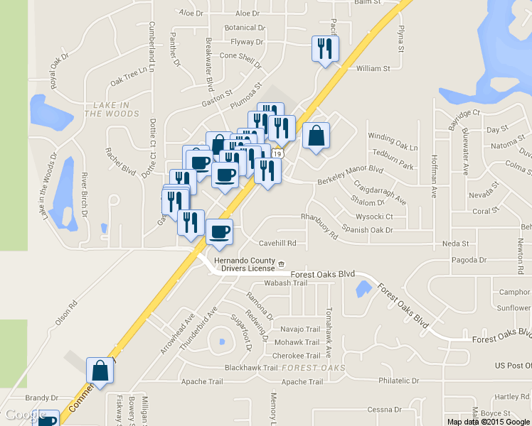 map of restaurants, bars, coffee shops, grocery stores, and more near 7931 Rhanbuoy Road in Spring Hill