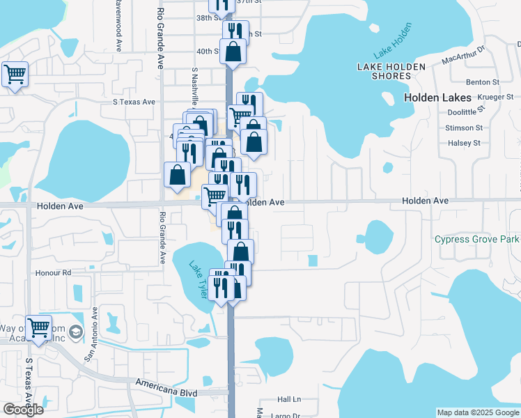 map of restaurants, bars, coffee shops, grocery stores, and more near 1200 Holden Avenue in Orlando