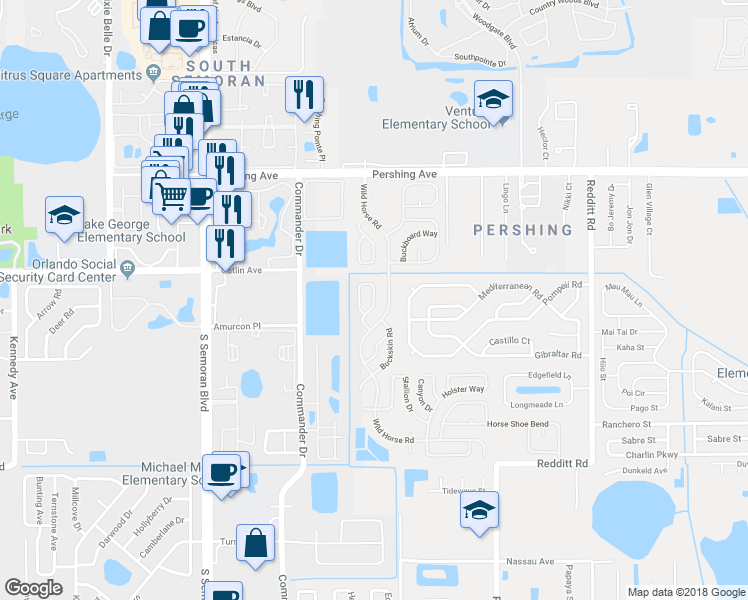 map of restaurants, bars, coffee shops, grocery stores, and more near 2860 Silver Spur Lane in Orlando