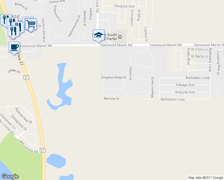 map of restaurants, bars, coffee shops, grocery stores, and more near 2721 Knightsbridge Road in Clermont