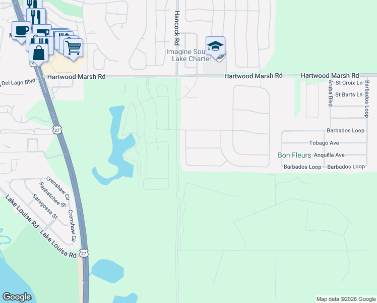 map of restaurants, bars, coffee shops, grocery stores, and more near 4528 Barrister Drive in Clermont