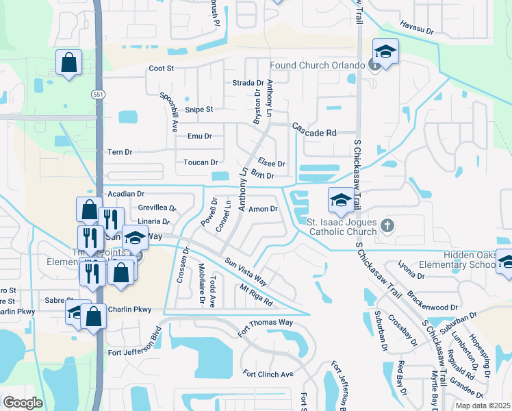 map of restaurants, bars, coffee shops, grocery stores, and more near 8107 Amon Drive in Orlando