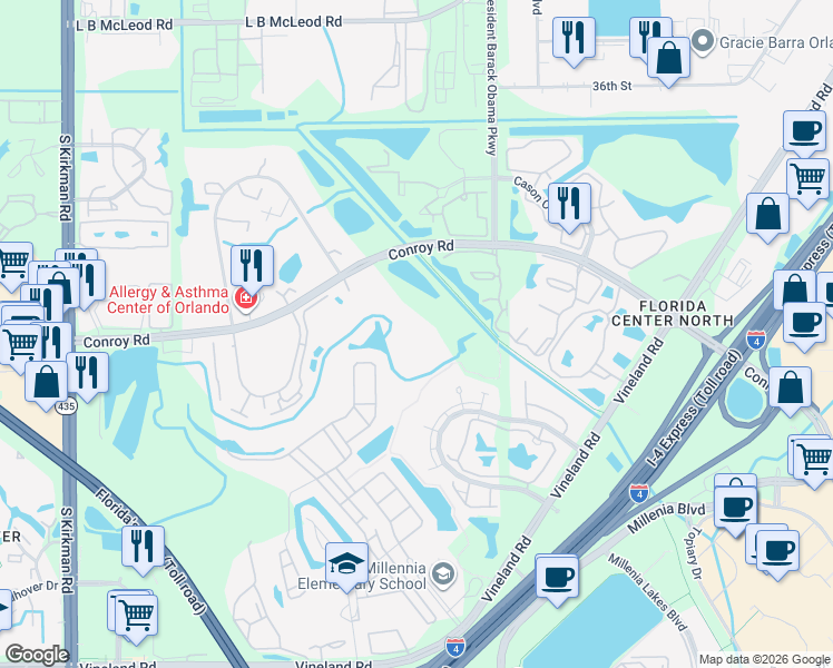 map of restaurants, bars, coffee shops, grocery stores, and more near 5132 Conroy Road in Orlando