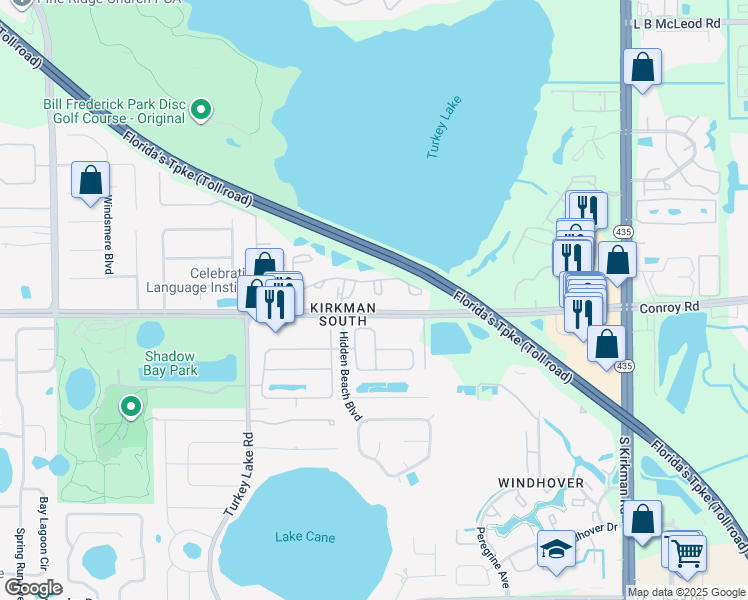 map of restaurants, bars, coffee shops, grocery stores, and more near 6421 Conroy Road in Orlando
