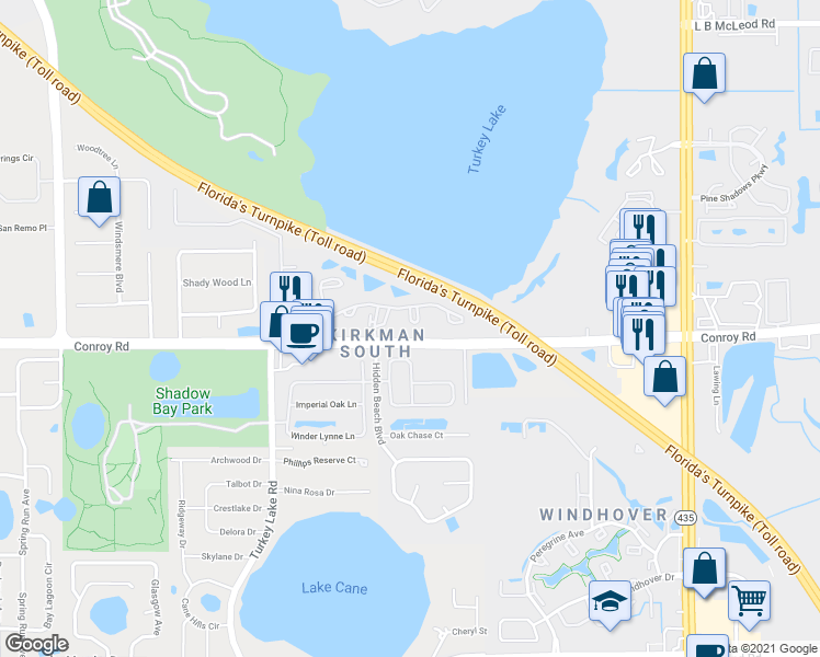 map of restaurants, bars, coffee shops, grocery stores, and more near 6421 Conroy Road in Orlando