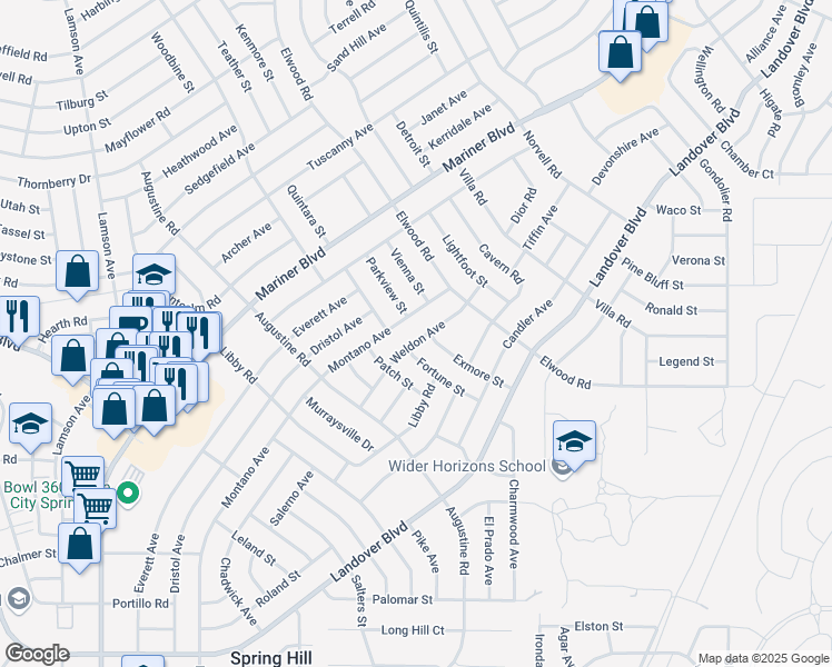 map of restaurants, bars, coffee shops, grocery stores, and more near 4229 Weldon Avenue in Spring Hill