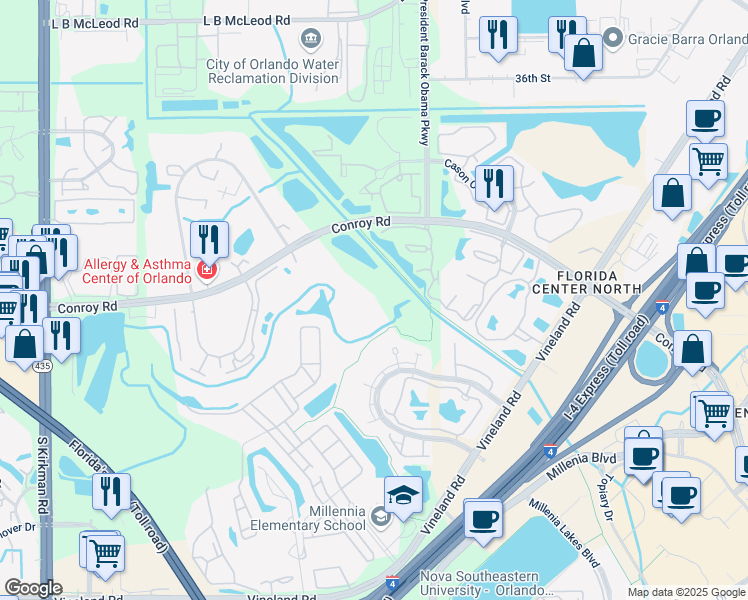 map of restaurants, bars, coffee shops, grocery stores, and more near 5132 Conroy Road in Orlando