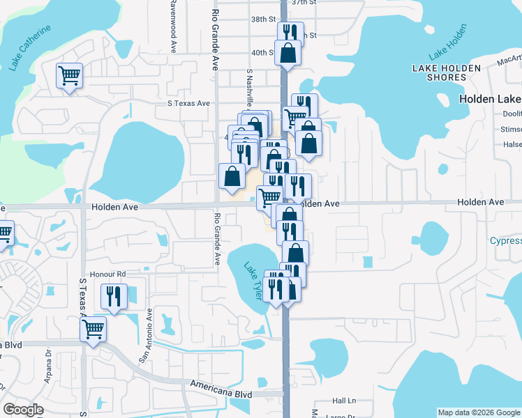 map of restaurants, bars, coffee shops, grocery stores, and more near 1350 Holden Avenue in Orlando