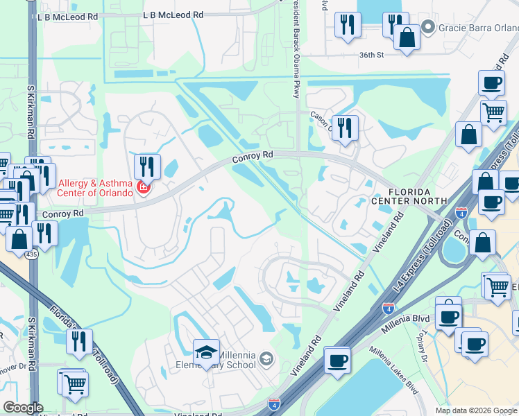 map of restaurants, bars, coffee shops, grocery stores, and more near 5132 Conroy Road in Orlando