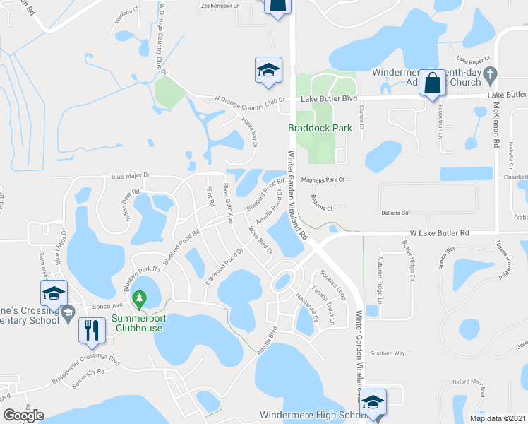 map of restaurants, bars, coffee shops, grocery stores, and more near 13827 Amelia Pond Drive in Windermere