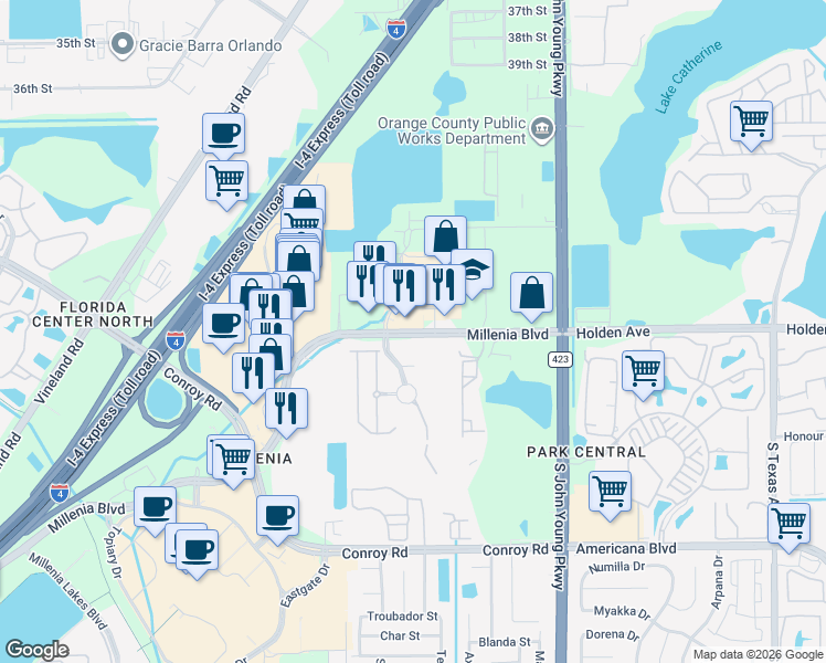 map of restaurants, bars, coffee shops, grocery stores, and more near 3793 Millenia Boulevard in Orlando