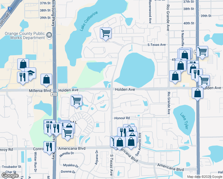 map of restaurants, bars, coffee shops, grocery stores, and more near W Holden Ave & S Texas Ave in Orlando