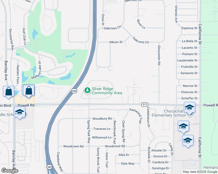 map of restaurants, bars, coffee shops, grocery stores, and more near 15359 Durango Circle in Brooksville